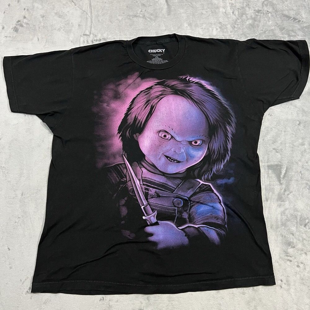 Chucky Childs Play Universal Studios T‎ Shirt Men XL Black Purple Graphic Horror